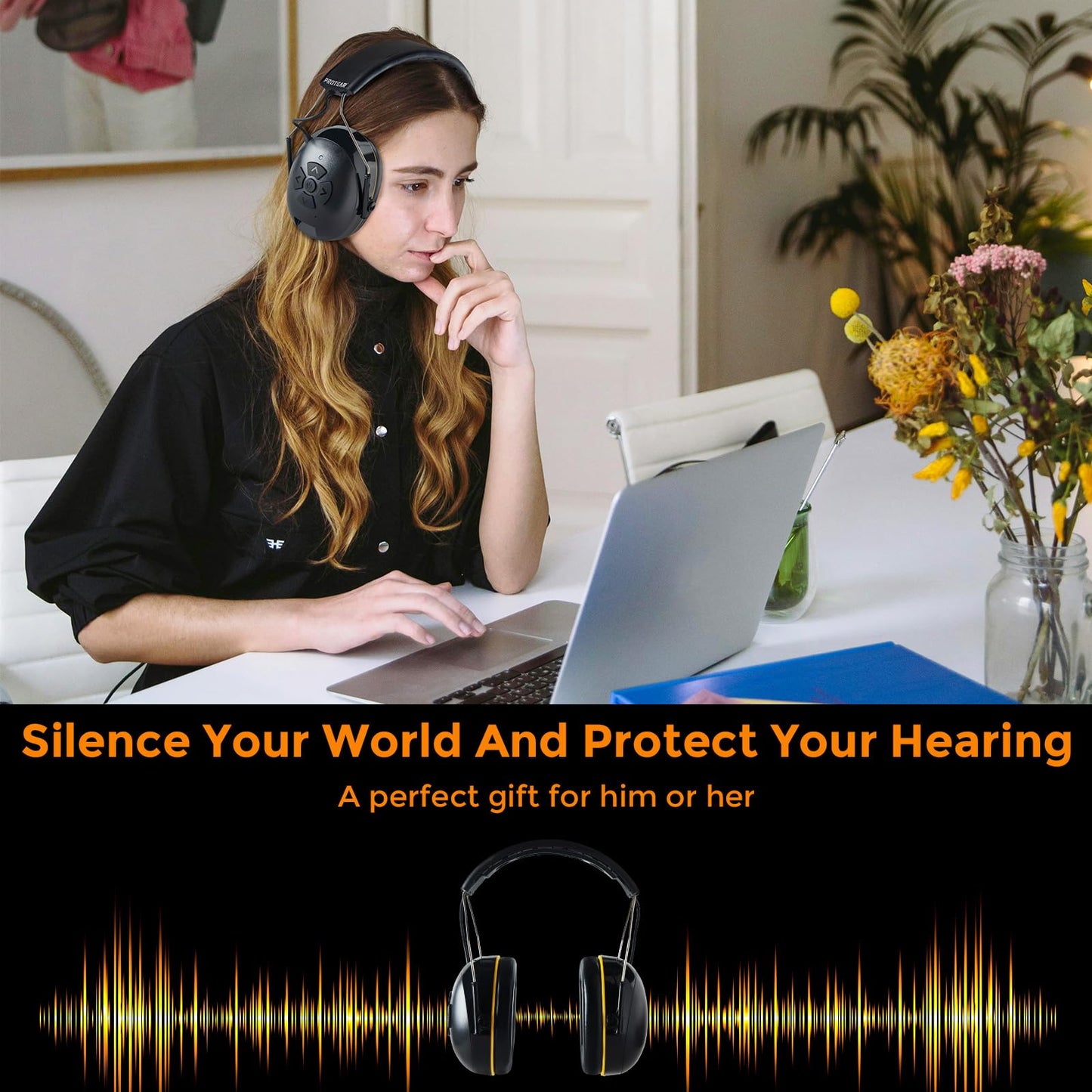 Hearing Protection with Bluetooth,Wireless Noise Canceling Headphone 30dB SNR,NO Radio Function,Rechargeable Battery Earmuffs,Long Playtime,Ideal for Lawn Mowing,Woodworking,Concerts(Black)