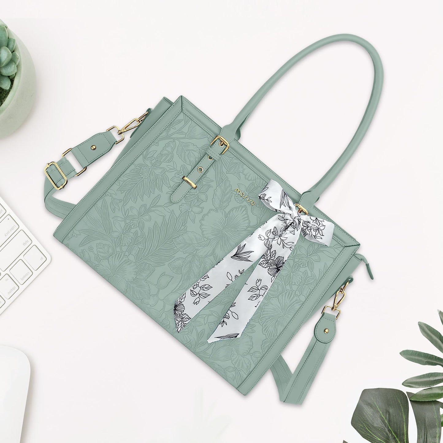 MOSISO Laptop Bag for Women, 15.6-16 inch PU Leather Tote Bag Compatible with MacBook, HP, Dell, Asus Notebook, Front Embossed Retro Hibiscus Computer Bags with Silk Scarf&Clutch Purse, Antique Green