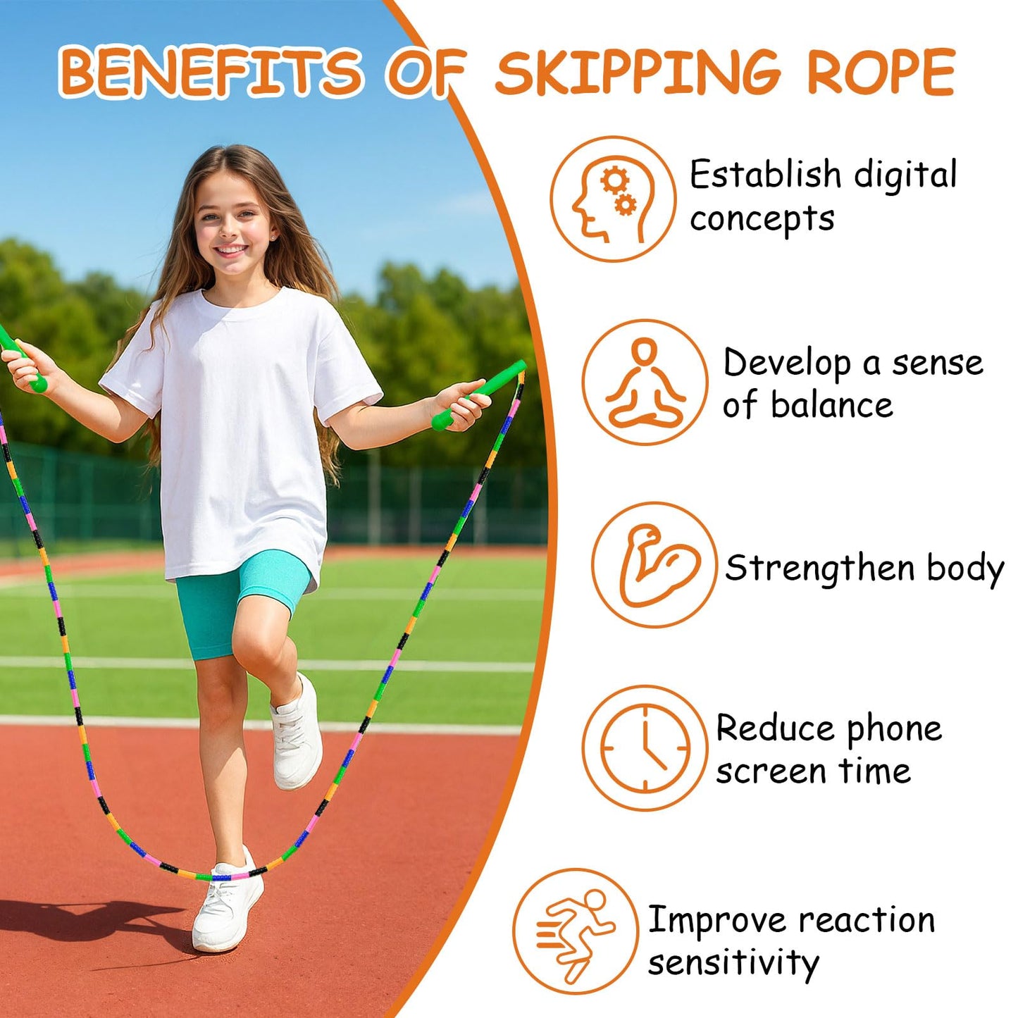 Beaded Jump Rope, ACEONE Segmented Skipping Rope for Kids Adults, Adjustable Tangle-Free Toddler Jumping Rope for Fitness Exercise Training (Rainbow Yellow)