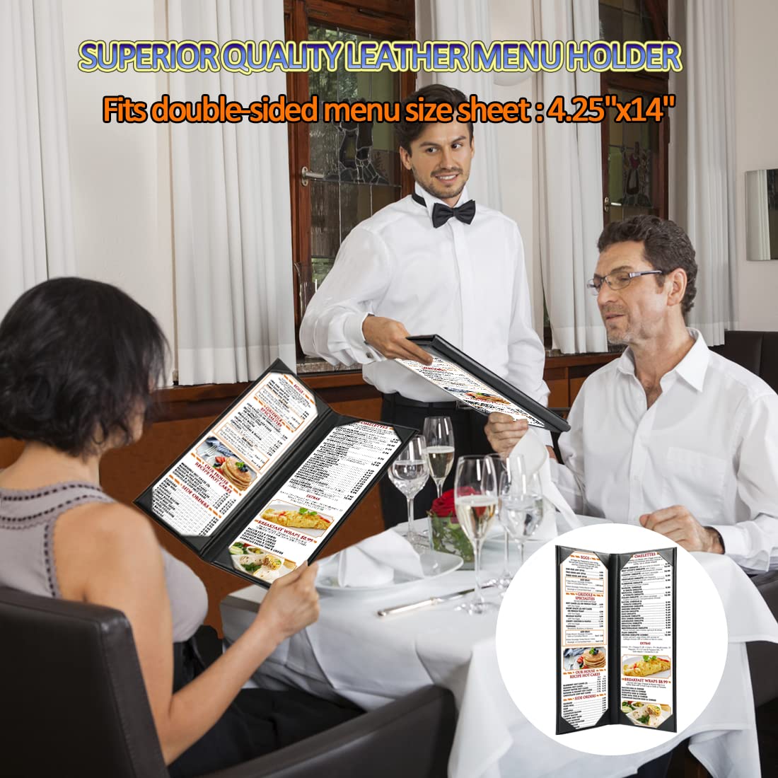4.25 x 14 inches Leather Menu Covers with Strong Wood Insde, 2 Views Leather Menu Holder Book Style Double Fold Panel for Restaurant Coffee Bars Hotels (4.25" x 14 "/ Two Views /3packs)
