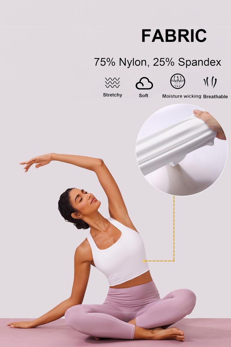 PINSPARK Racerback White Sports Bras for Women Wireless Padded Workout Tank Tops U Neck Longline Yoga Tops Built in Bra Light Support Medium,White