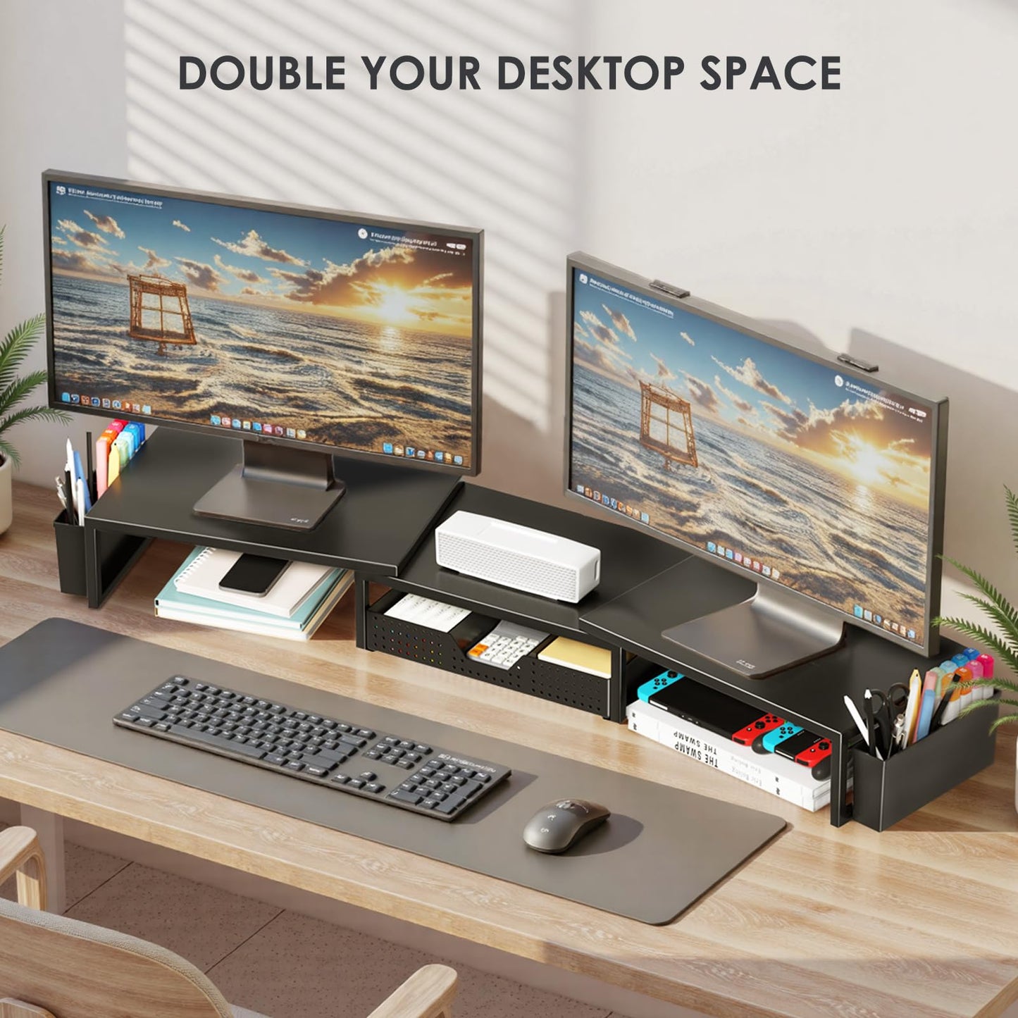 OPNICE Desk Organizers and Accessories, Dual Monitor Stand Riser with Drawer and 2 Pen Holders, Desk Shelf Metal Computer Racks for Office Workspace Organizers, Desktop Organization (Black Metal)