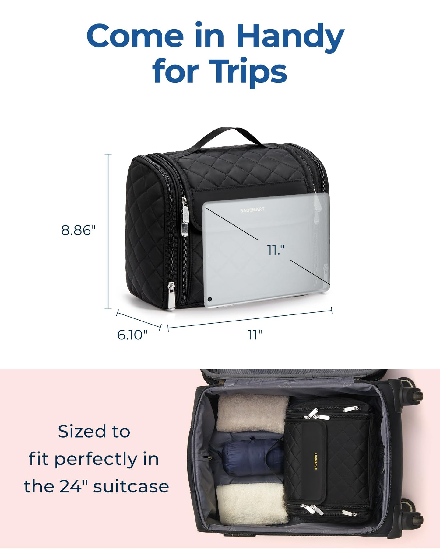 BAGSMART Makeup Bag for Women with Hanging Hook, Large Portable Capacity Water-resistant Organizer Travel Case for Toiletries and Cosmetics, Brown