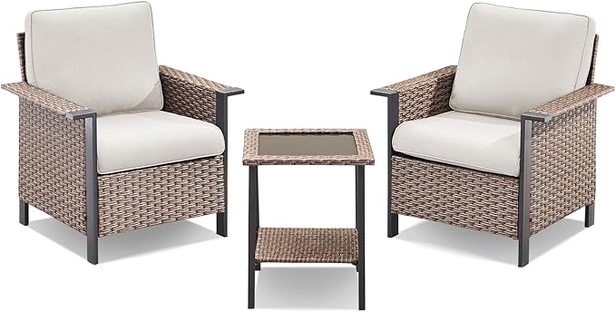 3 Pieces Wicker Patio Furniture Set-Outdoor Patio Chairs Set of 2 with Outdoor Side Table, Patio Furniture Set with Deep Seating Chairs for Porch Deck Balcony Garden Brown/Beige