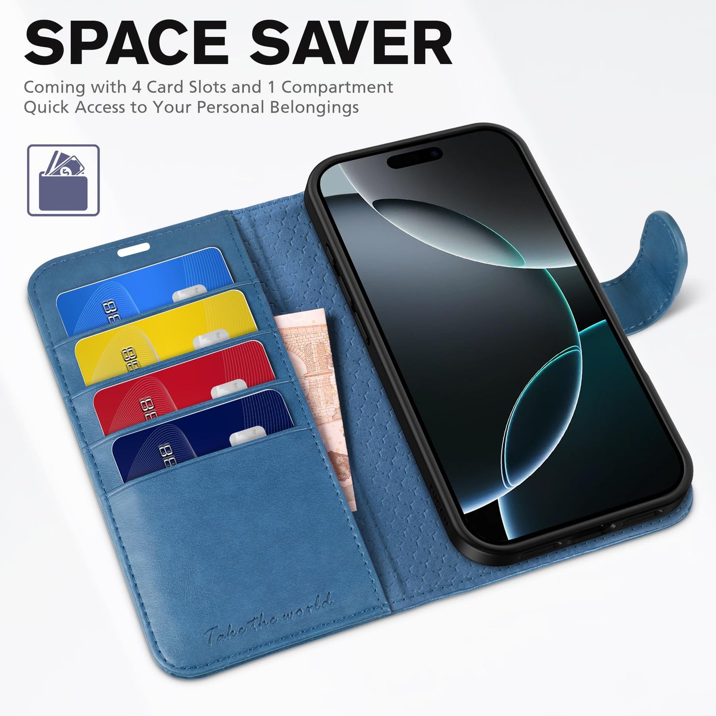 TUCCH Wallet Case for iPhone 16 Pro, Magnetic PU Leather Stand Flip Cover with 4 Card Slots [TPU Shockproof Interior Case] [RFID Blocking] Folio Compatible with iPhone 16 Pro 5G, Light Blue