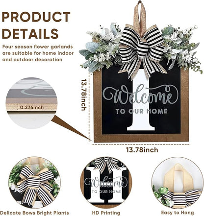 Ultra Large 14'' Last Name All Year Round Front Door Wreath with 26 Initial Letter Welcome Sign All Seasons Eucalyptus Garland and Bow Wreaths for Front Door Porch Farmhouse Decoration (I)