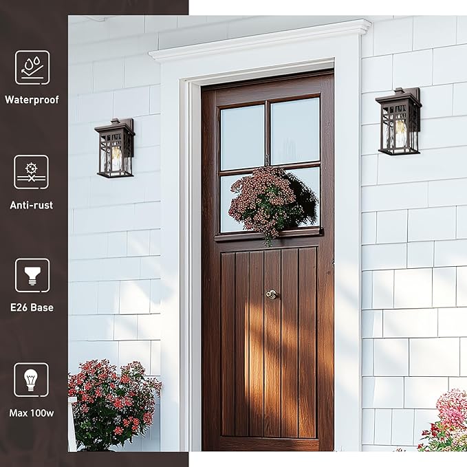 zeyu 12 Inch Patio Wall Light Fixture, 2 Pack Outdoor Modern Wall Lights, Die-Cast Aluminum, Oil Rubbed Bronze Finish with Water Ripple Glass Glass, 20068B1-2PK ORB WP