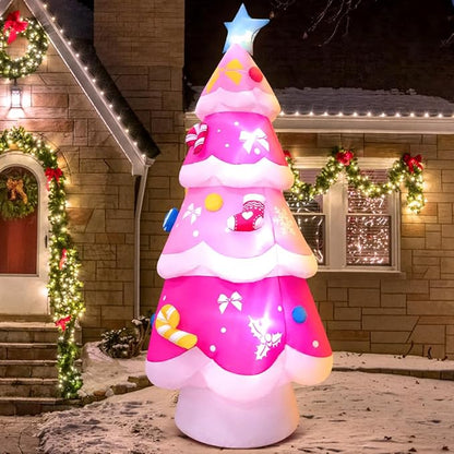 KOOY 7FT Inflatable Christmas Tree Pink Christmas Blow up Yard Decoration with LED Lights for Party Holiday Outdoor Indoor Lawn Winter Xmas Décor
