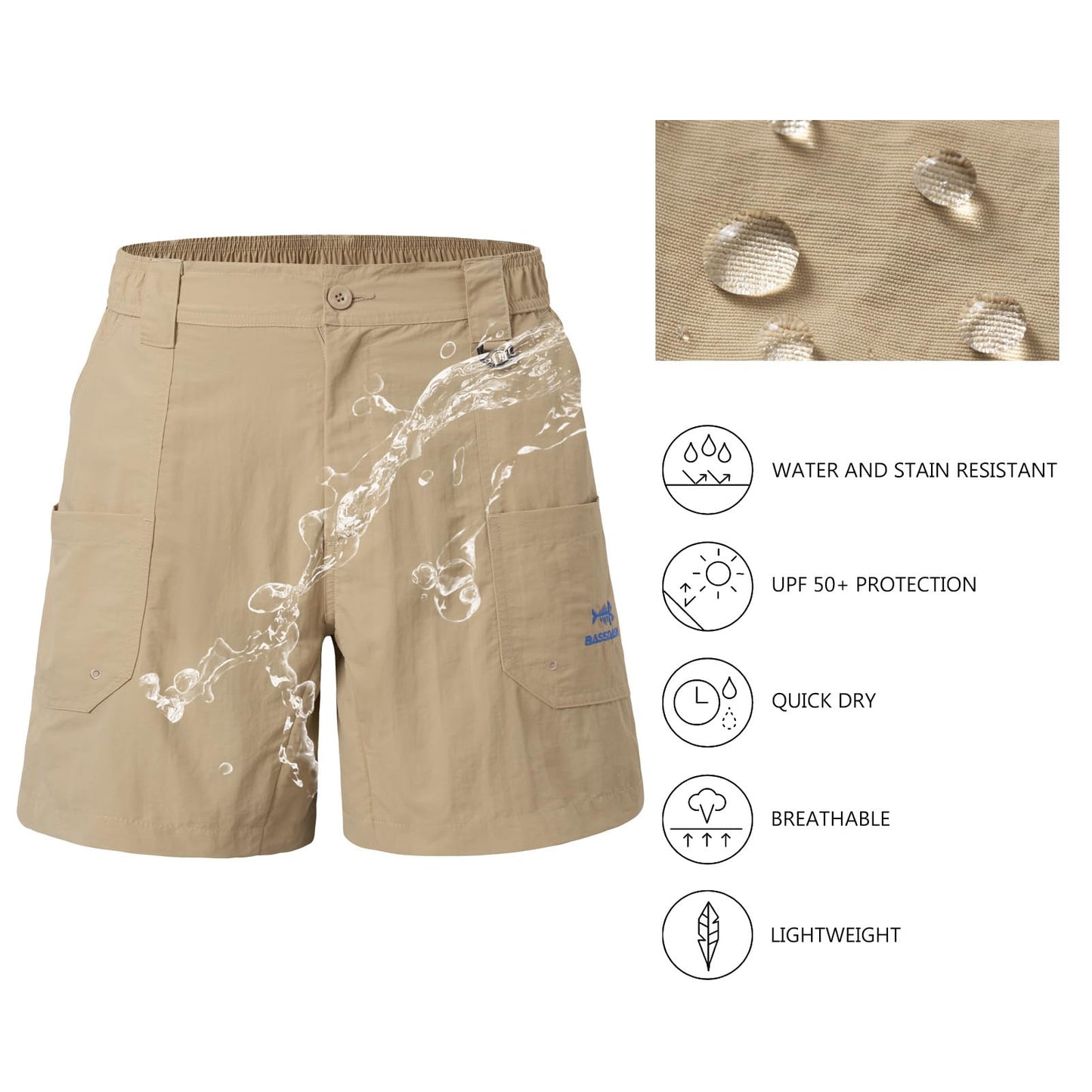 BASSDASH Men's Fishing Shorts UPF 50+ Water Resistant Quick Dry Hiking Cargo Shorts with Multi Pocket 6"