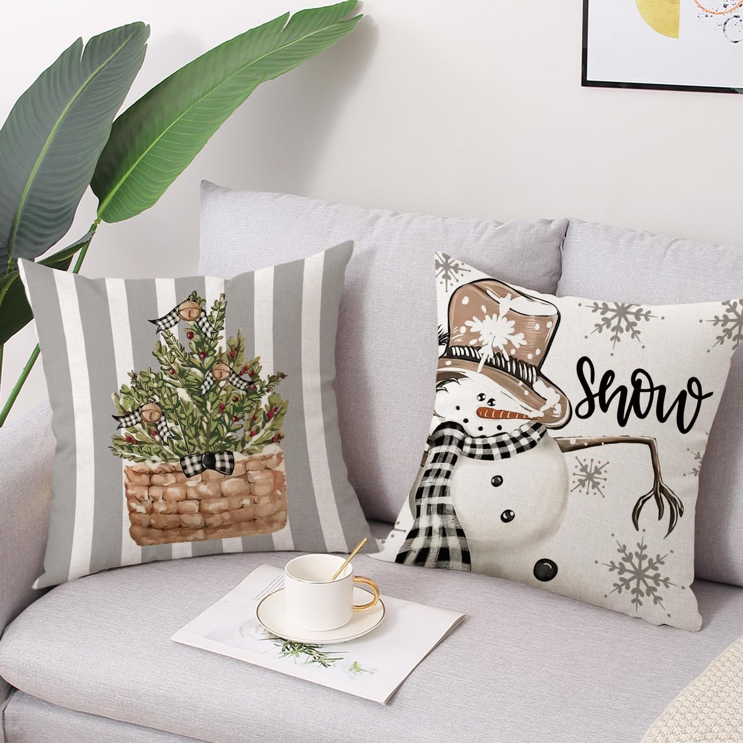Coeufuedy Christmas Stripe Pillow Covers 18x18 Inch Set of 4 Snowman Reindeer Gloves Eucalyptus Winter Holiday Decorative Farmhouse Cushion Covers for Sofa Couch Living Room