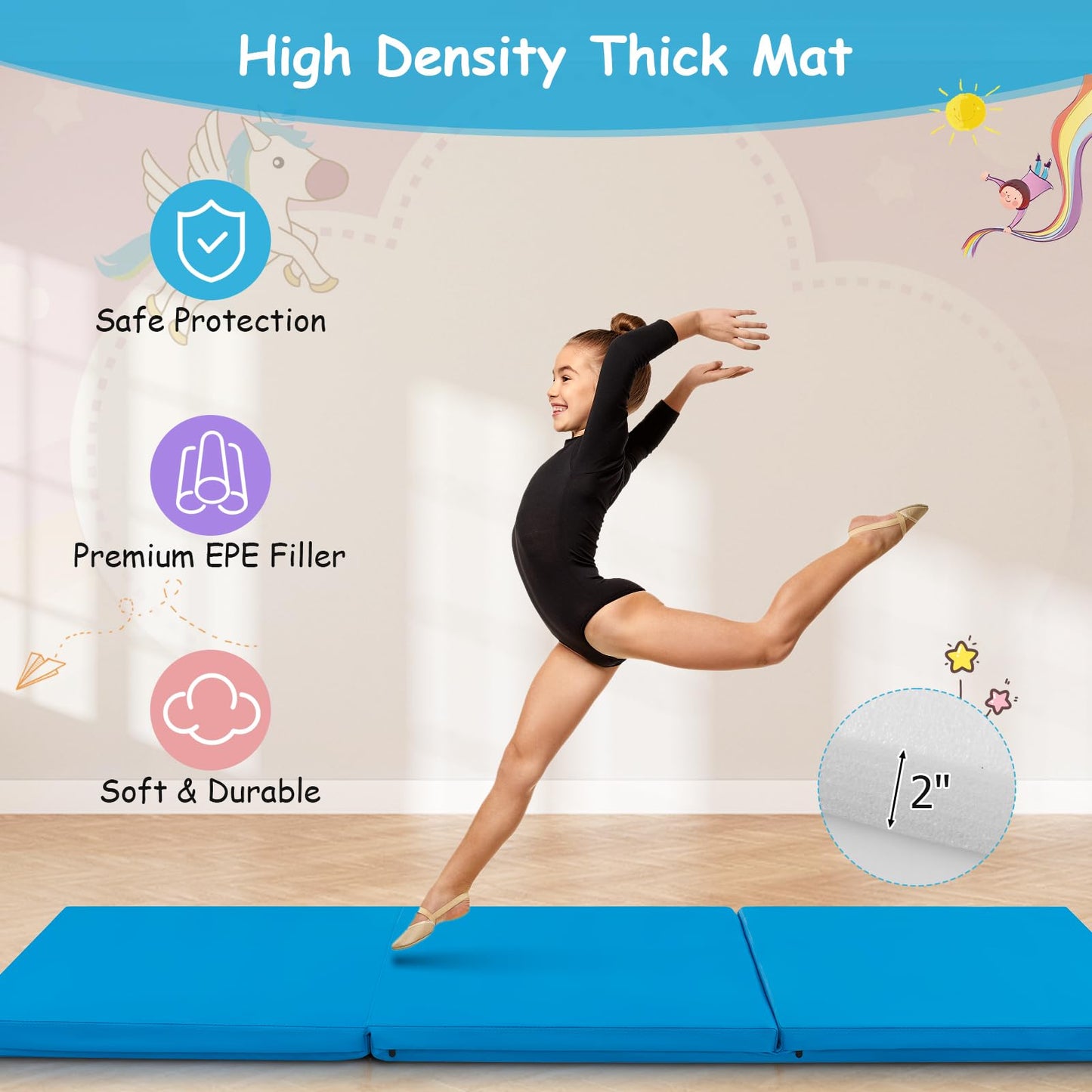 Giantex 6'x2' Tri-Fold Gymnastics Mat with Carry Handles Tumbling Exercise Gym Mat for Aerobics, Yoga, Stretching, MMA (Blue)