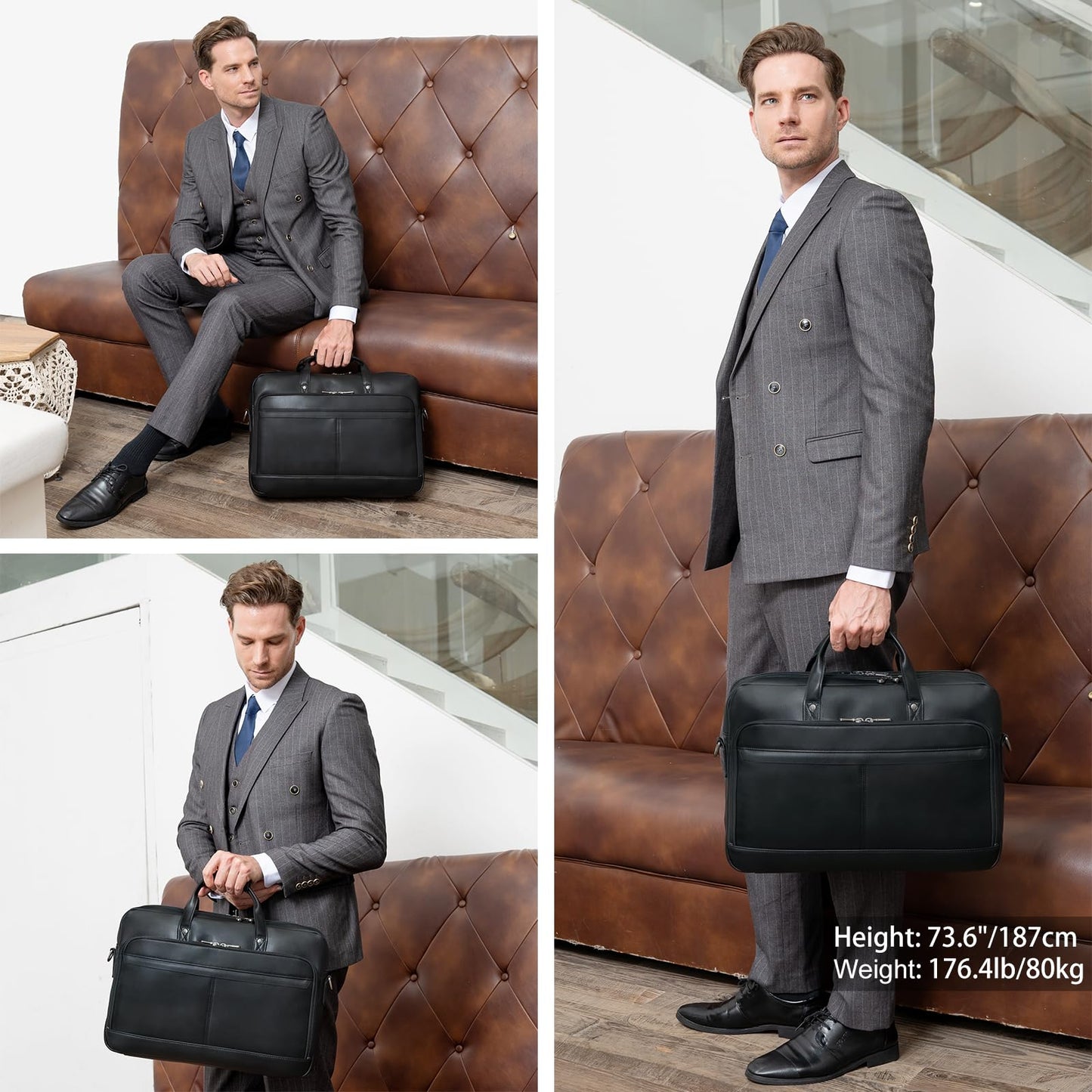 Masa Kawa Leather Briefcase for Men 17 Inch Laptop Crossbody Shoulder Messenger Office Bag Black Attache Case Handbag for Business Travel Work Lawyer Large