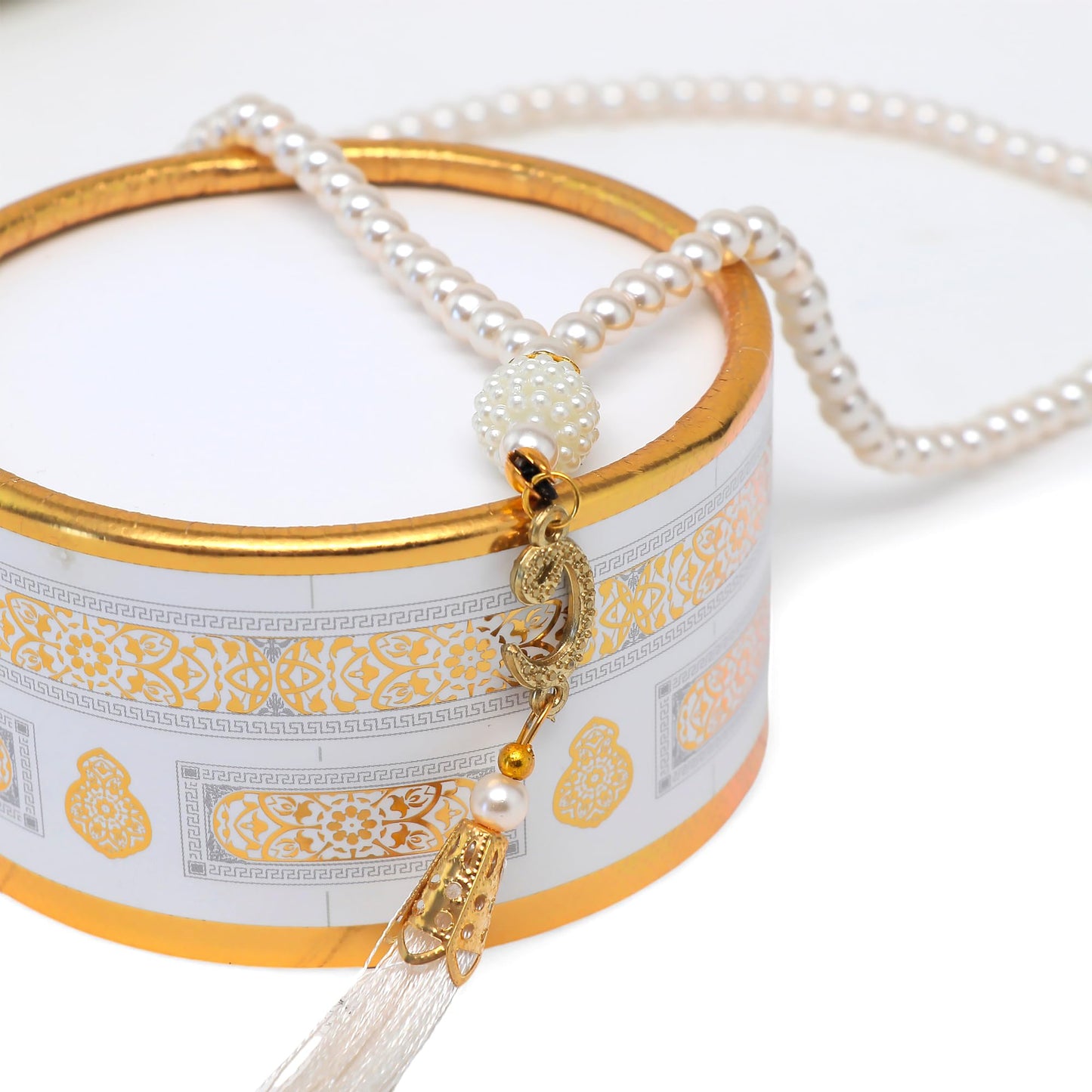 FURKAN Muslim Prayer Rug & Beads Set with Stylish Cylinder Gift Box Janamaz Sajadah Prayer Mat Perfect Islamic Spiritual Gift for Ramadan Islamic, Cylinder Gift Box - Model 2 - White