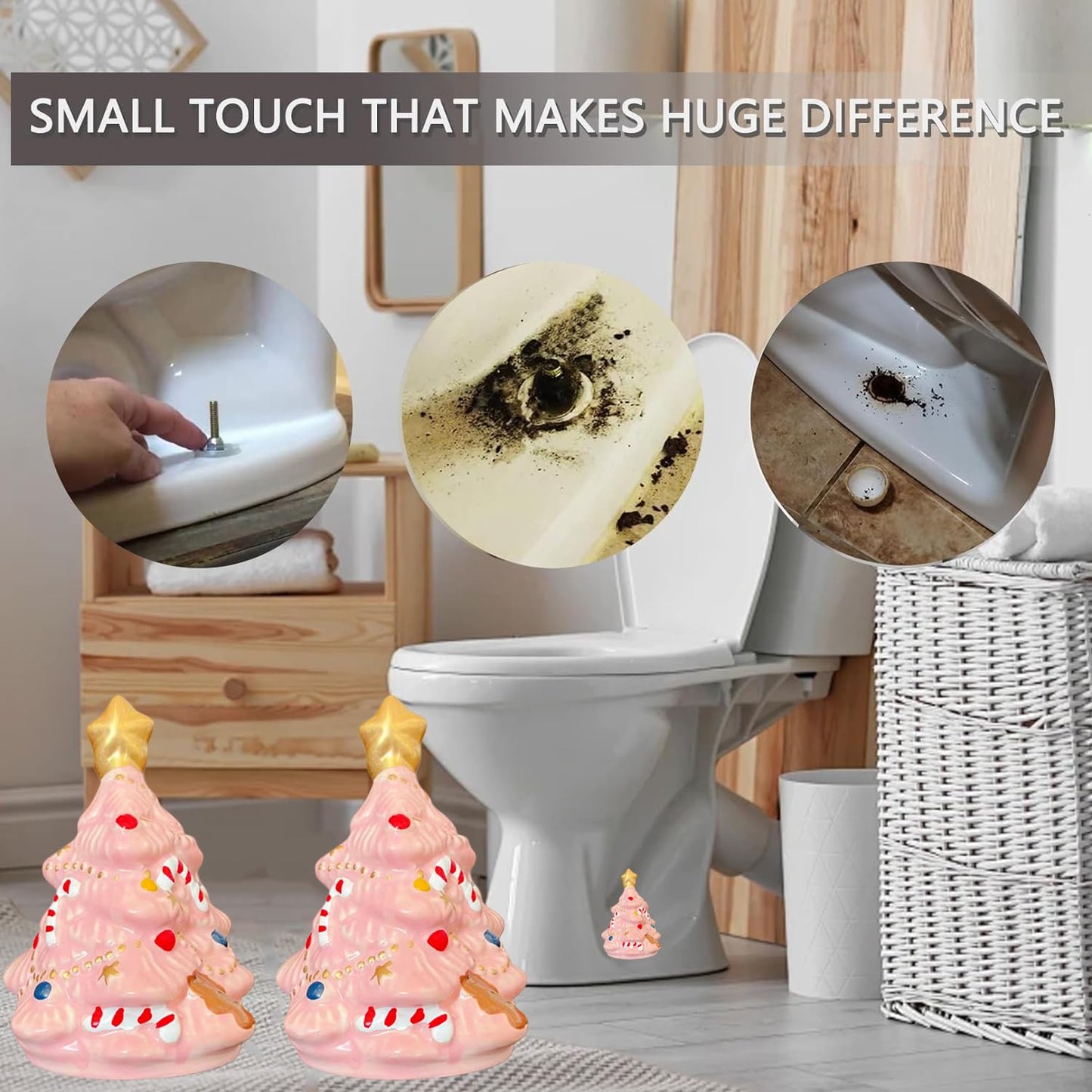2Packs Christmas Tree Toilet Bolt Covers Decorative Tall Toilet Bolt Caps for Christmas Bathroom Decor, Toilet Caps for Bottom of Toilet, Ceramic Toilet Screw Cover Caps, Easy Installation (Pink)