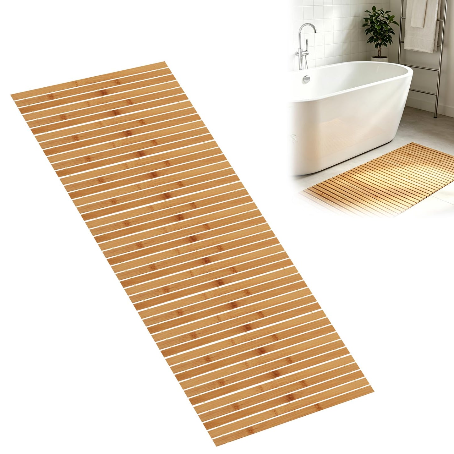 YAYODS Bamboo Bath Mat, 47x16 Inch Non Slip Waterproof Bamboo Shower Mat Wooden Bathroom Mat for Floor, Bathtub, Sauna Spa, Pool