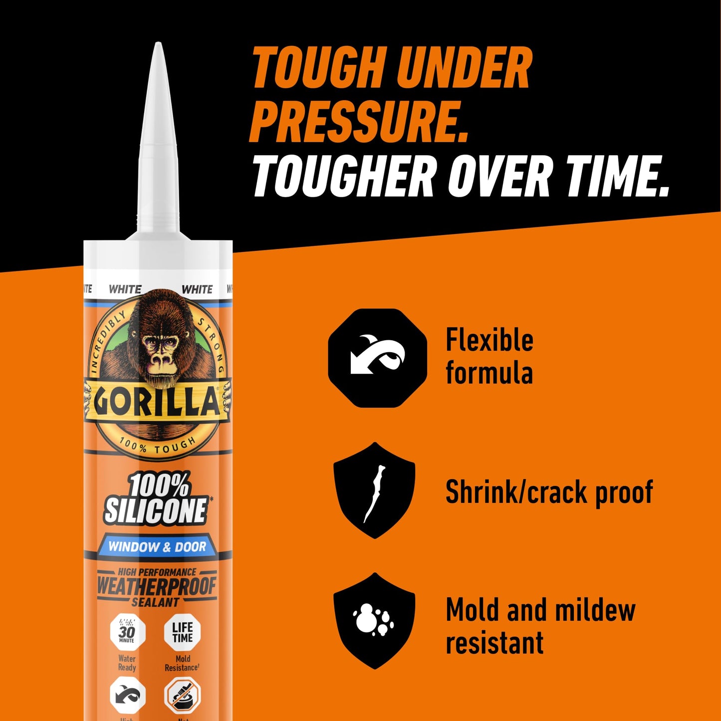 Gorilla 100% Silicone Sealant Caulk Window & Door, 10 Ounce Cartridge, White