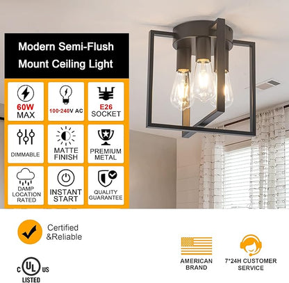 3-Light Flush Mount Ceiling Black Metal Frame Ceiling Light Farmhouse Light Fixture for Kitchen Island Entryway Porch Foyer Dining Room, E26 Ceramic Base