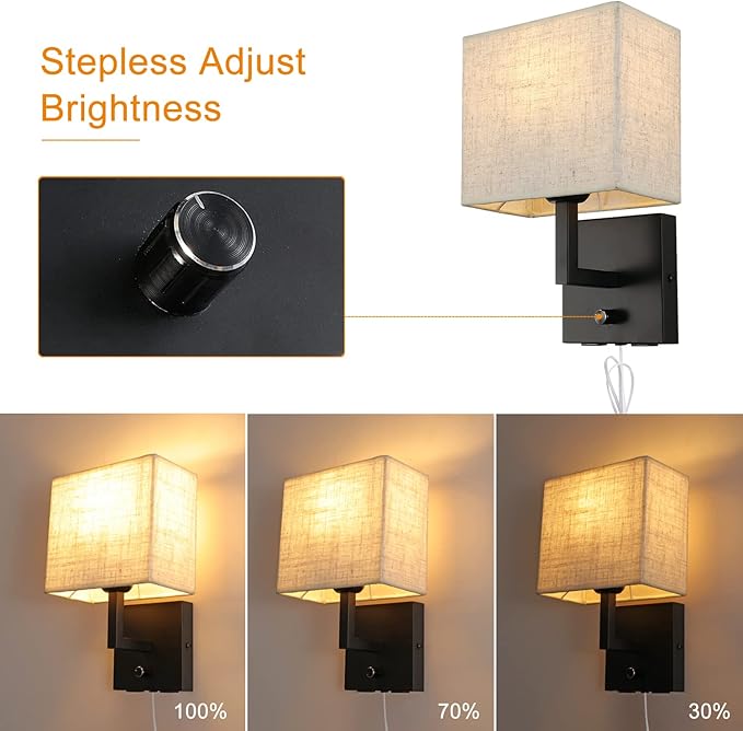 Bedside Wall Mount Light with Dimmer Switch and Two USB Charging Port, Fabric Linen Shade Wall Sconces Light with Plug in Cord, Black Wall Lamp Perfect for Bedroom, Living Room and Hotel