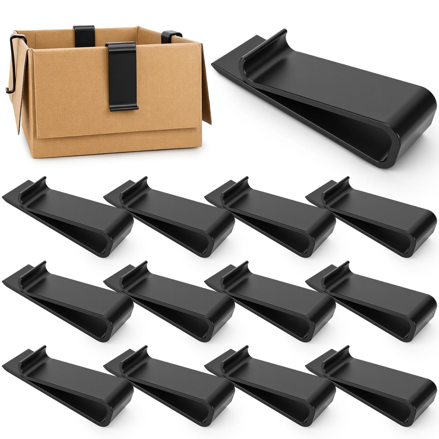 Tinlade 12 Pcs Cardboard Box Clips Reusable 3-5/8 Inch Chip Trash Garbage Bag Holder Clip Suit for All Single Walled and Most Double Walled Boxes and Cartons (Black)
