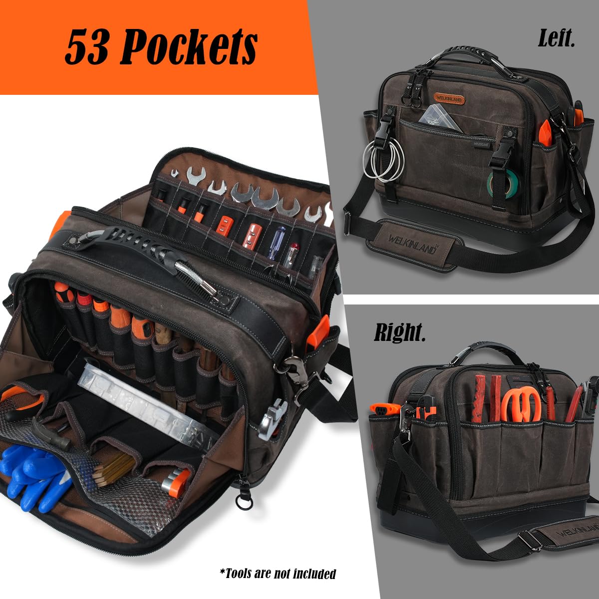WELKINLAND 53Pockets Hard-Bottom HVAC Bag, Heavy-Duty Electrician Tool Bag,Waterproof Waxed Canvas Tools Bags, Top-Open 16 Inch Tool Bags,HVAC Service Bag For Men