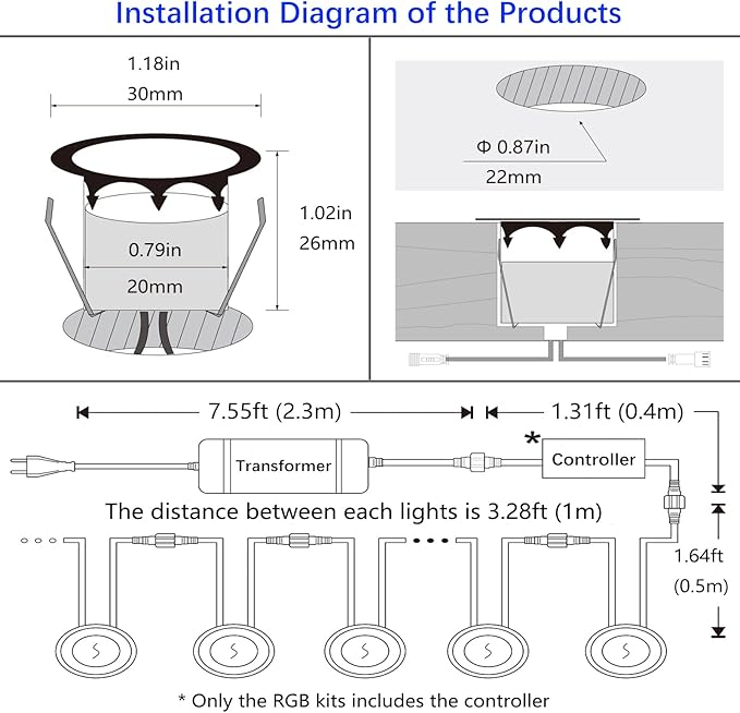 LED Outdoor Deck Lights, Φ30mm 3CCT Low Voltage 12V, 16 Pack Black IP65 Waterproof, Electric Wired Mini Recessed Under Landscape Lighting for Yard Stair Step Floor Riser