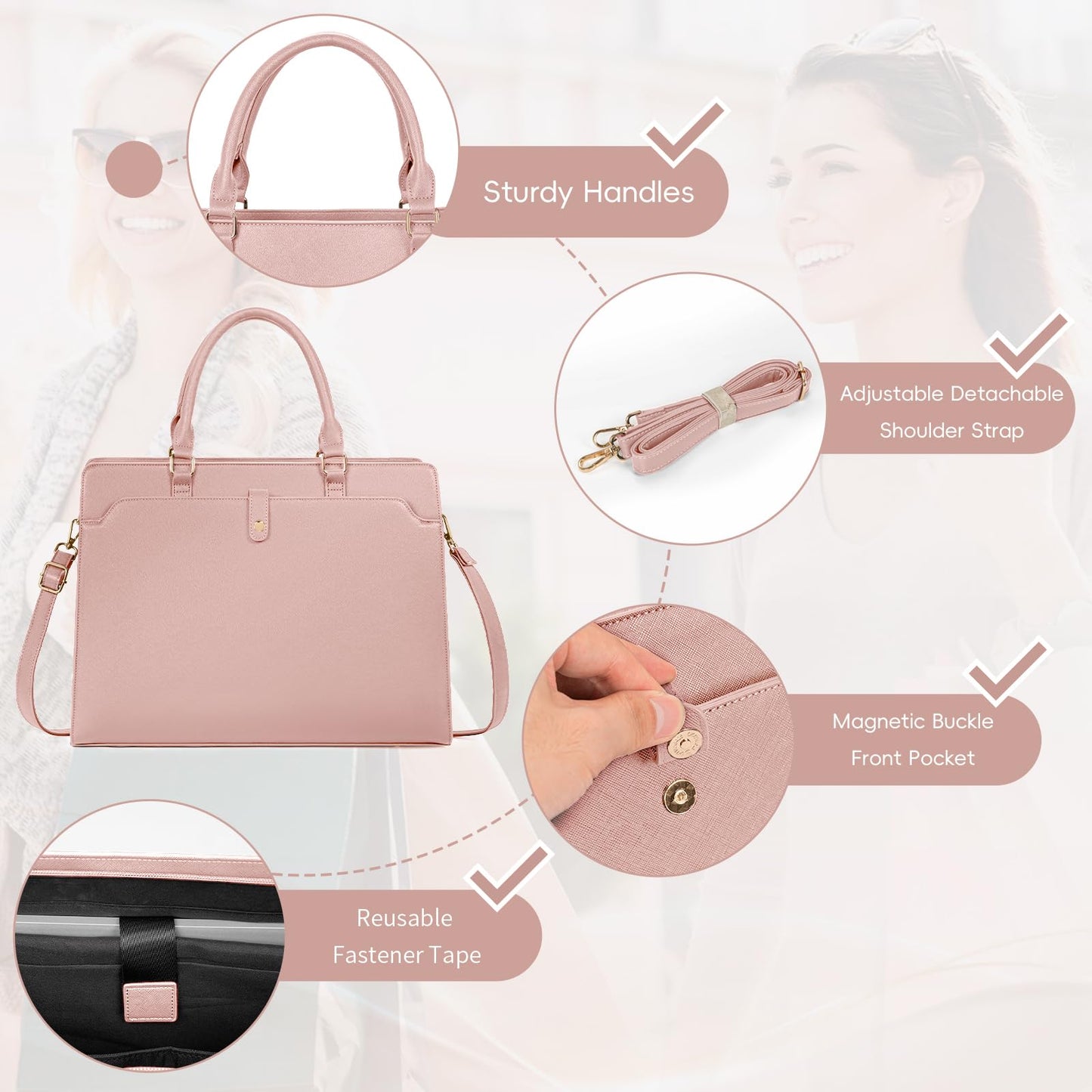 GMAK Laptop Tote Bag for Women, 15.6 Inch Leather Computer Bags Lightweight Business Office Work Briefcase Large Capacity Waterproof Handbag for Daily Commute Travel Work, Pink