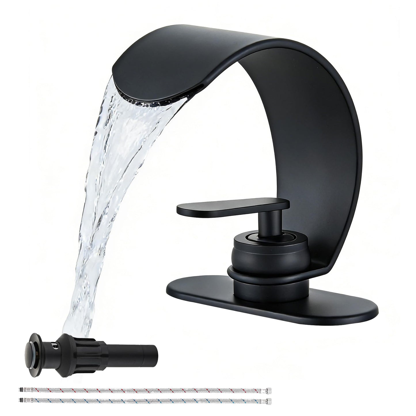 Ameletai Black Waterfall Single Hole Bathroom Sink Faucet, 304 Stainless Steel Single Handle Modern Bathroom Faucet, Snake Shape Design Basin Tap, Single Handle Basin Tap with Pop Up Drian Supply Line