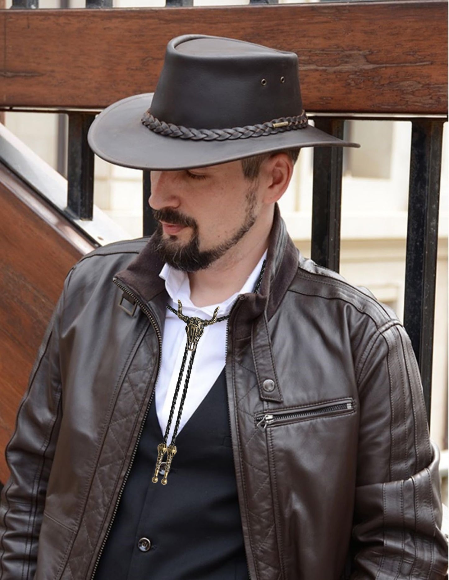 Wrlcorly 5Pcs Bolo Tie for Men Western Cowboy Leather Necktie Handmade Tiger Eye Cicada Turquoise Cow Skull Flower Eagle Halloween Costume Accessories