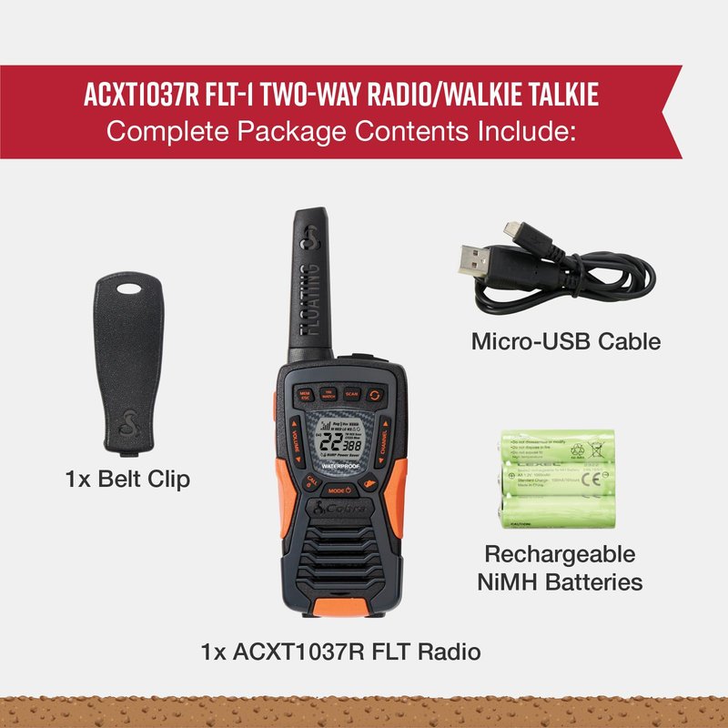 Cobra ACXT1037R FLT Floating Walkie Talkie - Waterproof, Rechargeable, Long Range up to 37-Mile Two Way Radio with NOAA Weather Alert & VOX, (1 Pack)
