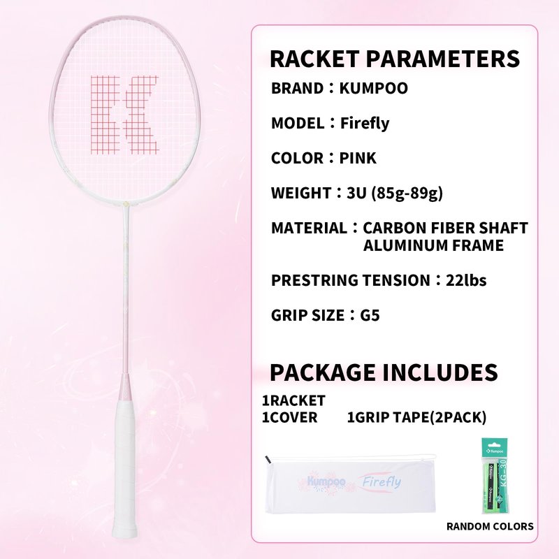 KUMPOO Badminton Racket Professional, Carbon Fiber 4U Badminton Pink Racket Set with Grip and Cover, Pro Badminton Racquet Lightweight for Beginners Outdoor Games, DS-202 Pink