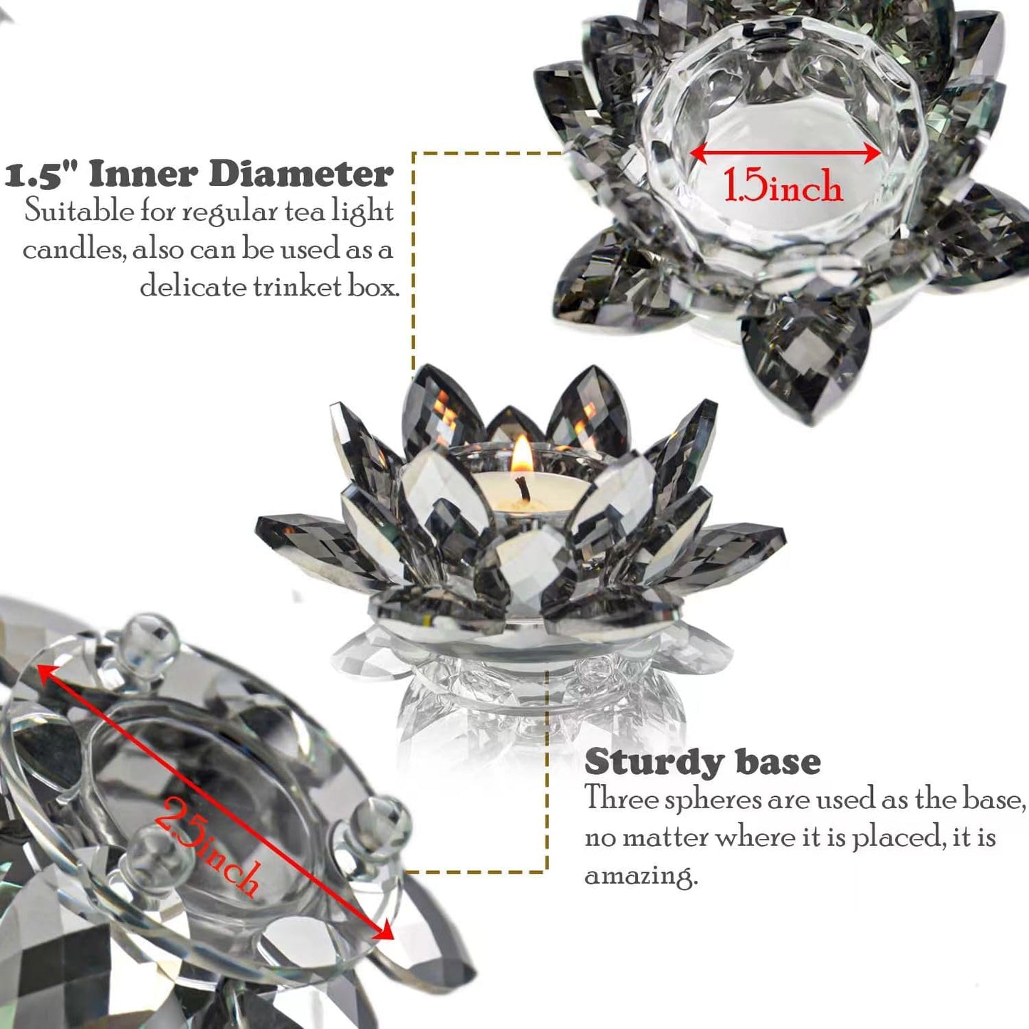 Lotus Black Crystal Candlestick 2-Piece Tealight Candle Set, Black Glass Votive Candle Holder for Tabletop Dining Table Center Decoration Ideal Candle Holder for Wedding Valentine's Day Decoration