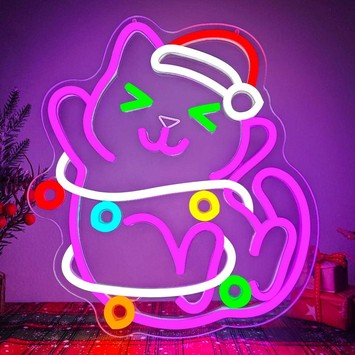 Jeanchrl Cat Christmas Neon Sign for Wall Dimmable Black Cat Decor Neon Light Sign for Bedroom Living Room Kids Room Meowy LED Signs Cute Christmas Neon Wall Art Ornament Gifts for Children Family