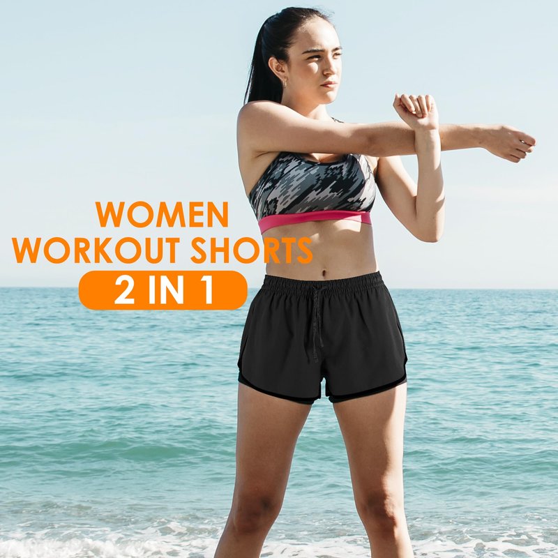 Yevrimow Women's 2 in 1 Running Shorts for Gym Yoga Workout Athletic Shorts High-Waisted Shorts with Liner Pockets Yellow-M