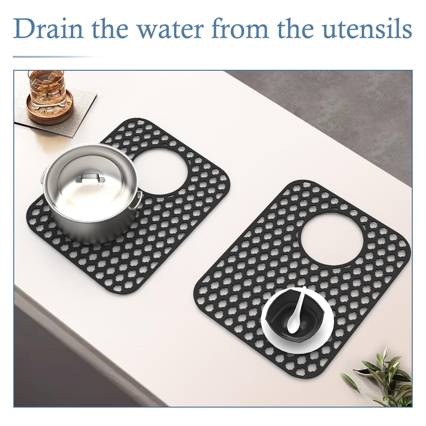 BEHOK 2 Pack Silicone Sink Protector for Kitchen Sink, 13.58" x 11.6" Heat-resistant Sink Mat Non-Slip and Durable Silicone Protectors, Rear Drain, Black
