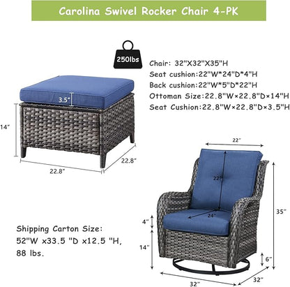Rilyson Wicker Patio Furniture Set - 4 Piece Rattan Outdoor Sectional Conversation Sets with 2 Swivel Rocking Chairs,2 Ottomans for Porch Deck Garden(Mixed Grey/Blue)