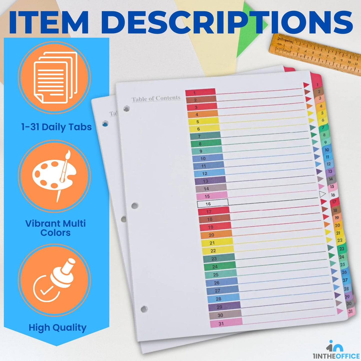 1InTheOffice 1-31 Tab Dividers for 3 Ring Binders, 31 Tab Daily Divider Sets, Table of Contents Divider Tabs, Multi-Color, 11 x 8.5, 2 Pack
