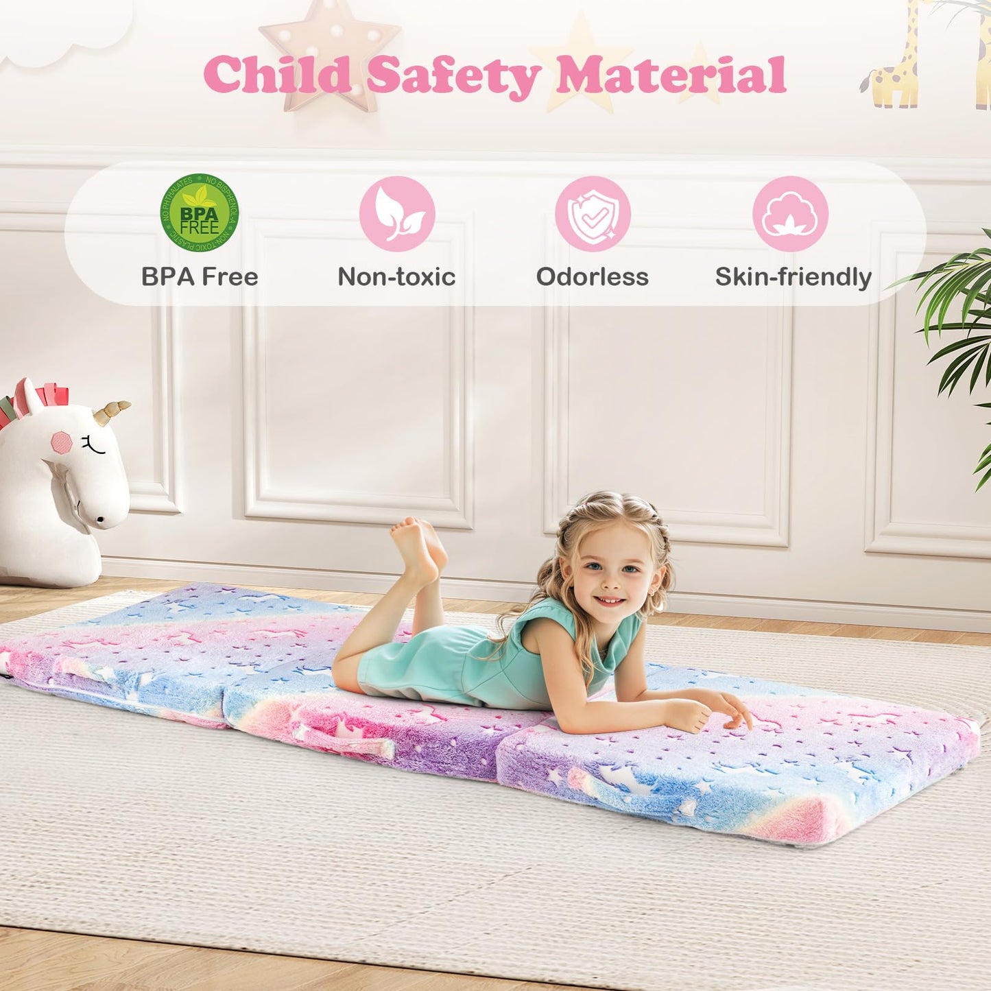 INFANS Foldable Floor Mattress for Kids, Glow in Dark Tri-Folding Nap Mat for Sleeping Daycare, Portable Foam Mattress Floor Futon Bed with Washable Cover, Storage Bag