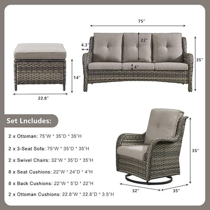 Rilyson Wicker Patio Furniture Set - 6 Piece Rattan Outdoor Sectional Conversation Sets with 2 Rocking Swivel Chairs,2 Ottomans and 2 Sofa for Porch Deck Garden(Mixed Grey/Grey)