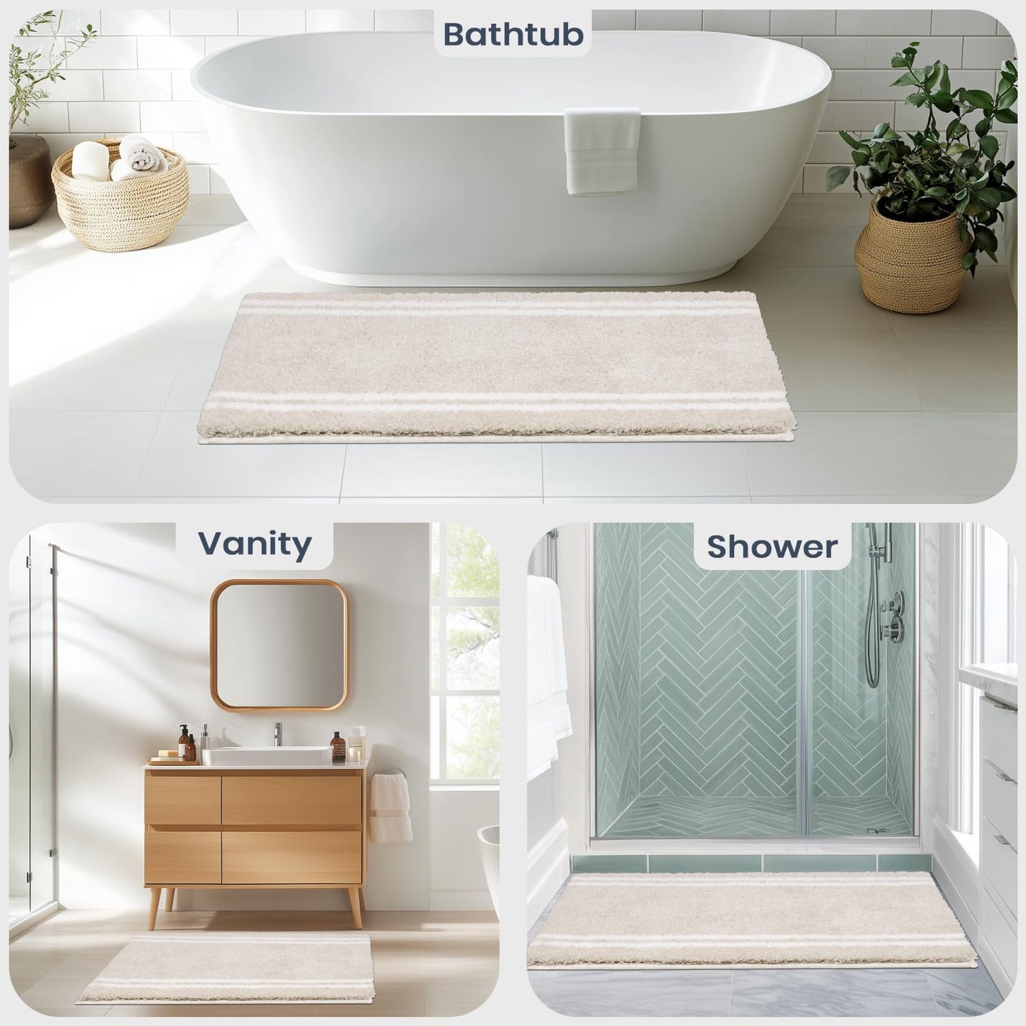 PURRUGS Bathroom Rug Non-Slip Machine Washable 20" x 30", Super Absorbent and Quick Dry Shaggy Microfiber Bath Mat, Extra Soft and Plush Bath Rug for Bathtub, Shower, and Sink, Beige