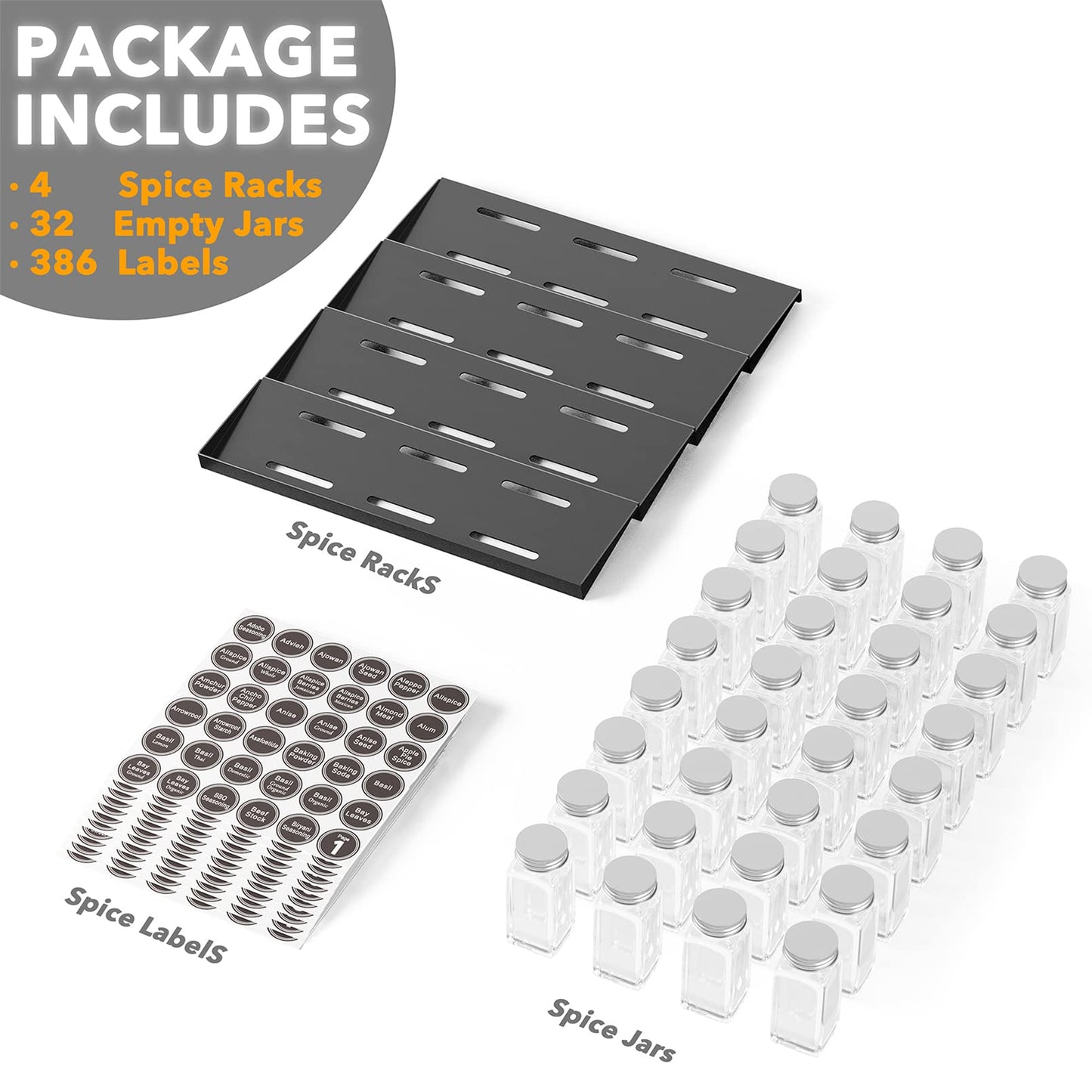 SpaceAid Spice Drawer Organizer with 28 Spice Jars, 386 Spice Labels, 4 Tier Seasoning Rack Tray Insert for Kitchen Drawers, 13" Wide x 17.5" Deep