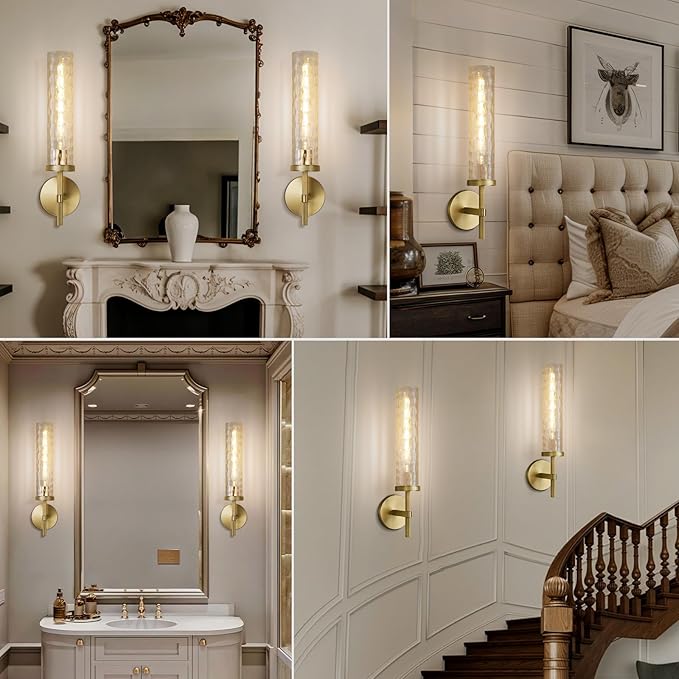 Gold Sconces Wall Lighting 19.48" with Rippled Glass Shade, Solid Knurled Brass Wall Sconces, Vintage Industrial Sconce Lamps for Bedroom Bathroom Entryway & Staircase Mirror Decor(Including Bulb)