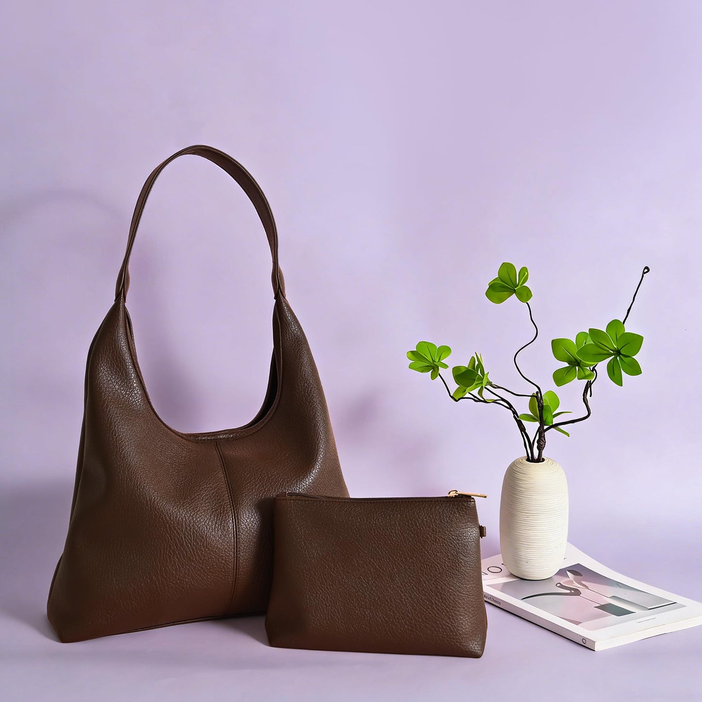 VESSALOIR Hobo Bags for Women, Slouchy Shoulder Bag for Women, Coffee Brown Handbag in Vegan Leather with Matching Zip Pouch, Magnetic Snap Closure, Built-In Key Leash