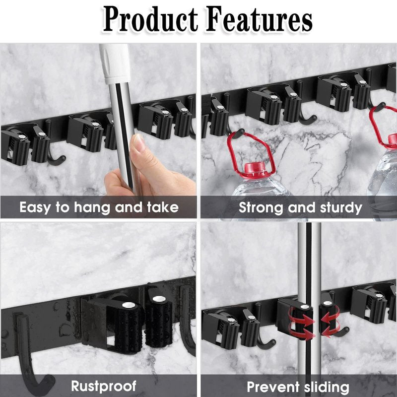 AceMining 2 Pack Black 5 Racks and 4 Hooks Mop and Broom Holder Wall Mount, Broom Organizer Storage Tool Racks Stainless Steel Heavy Duty Hooks Self Adhesive Solid Non-slip for Home Kitchen Garden