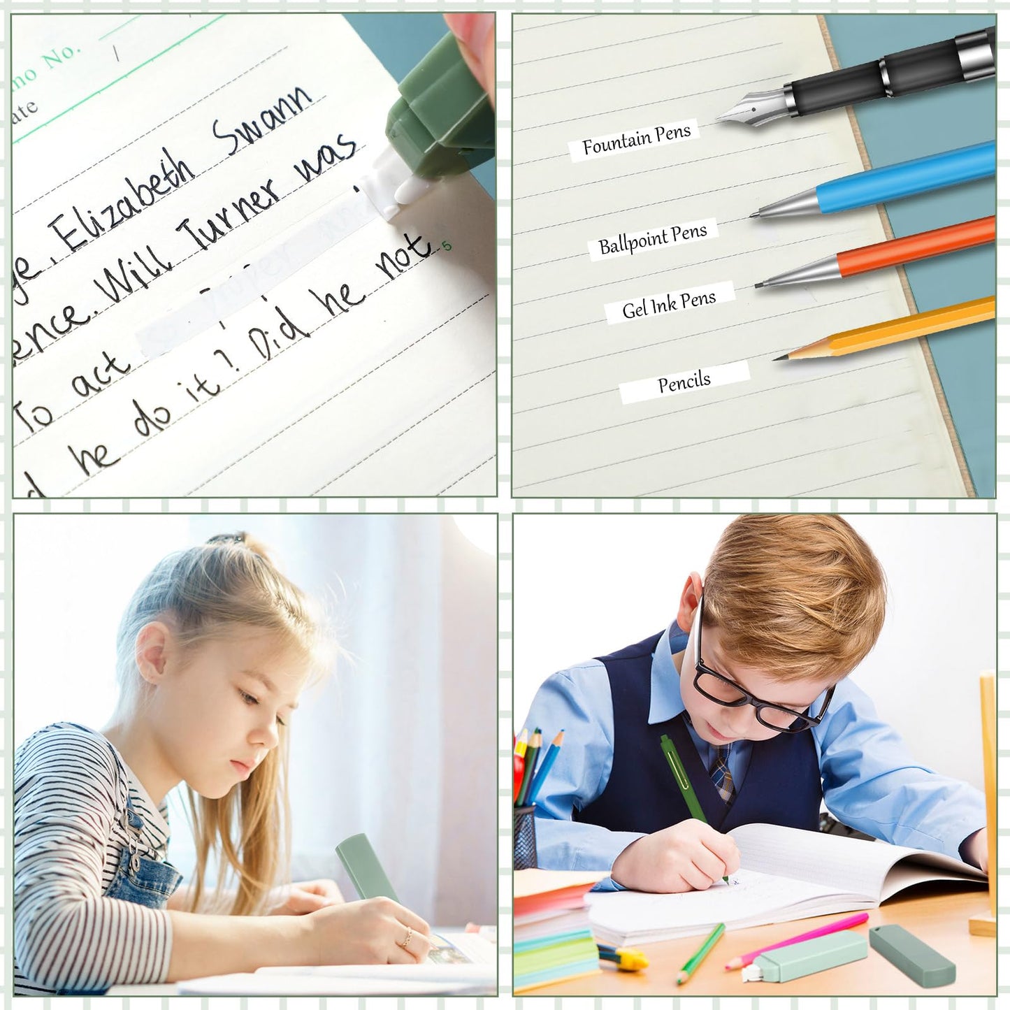 Resurhang Aesthetic Stationery Set Supplies Sticky Notes Set 6 Mini Correction Tapes 6 Retractable Black Ink Pens 0.5mm Fine Point Paper Corrective Pen Self Stick Index Tabs(Green)