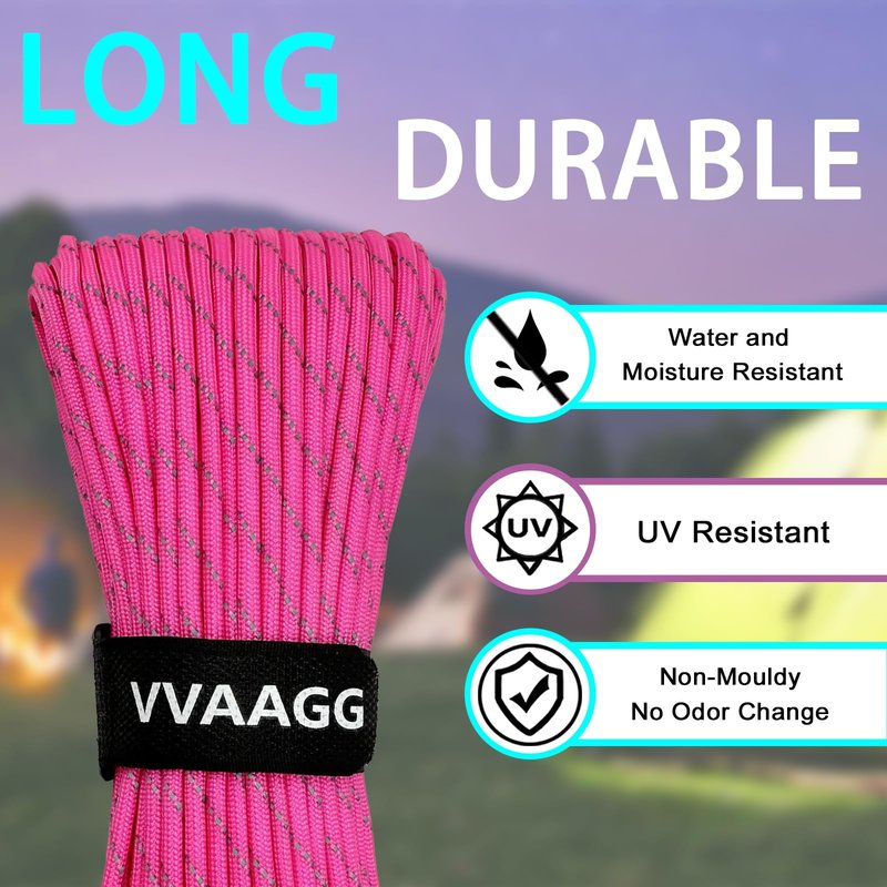 VVAAGG Pink Reflective Paracord Rope 100FT, 7 Strand Nylon para Cord Lanyard Utility 550 Parachute Cord, 4mm Thin Tent Rope for Outdoor Camping Hiking (Pink)
