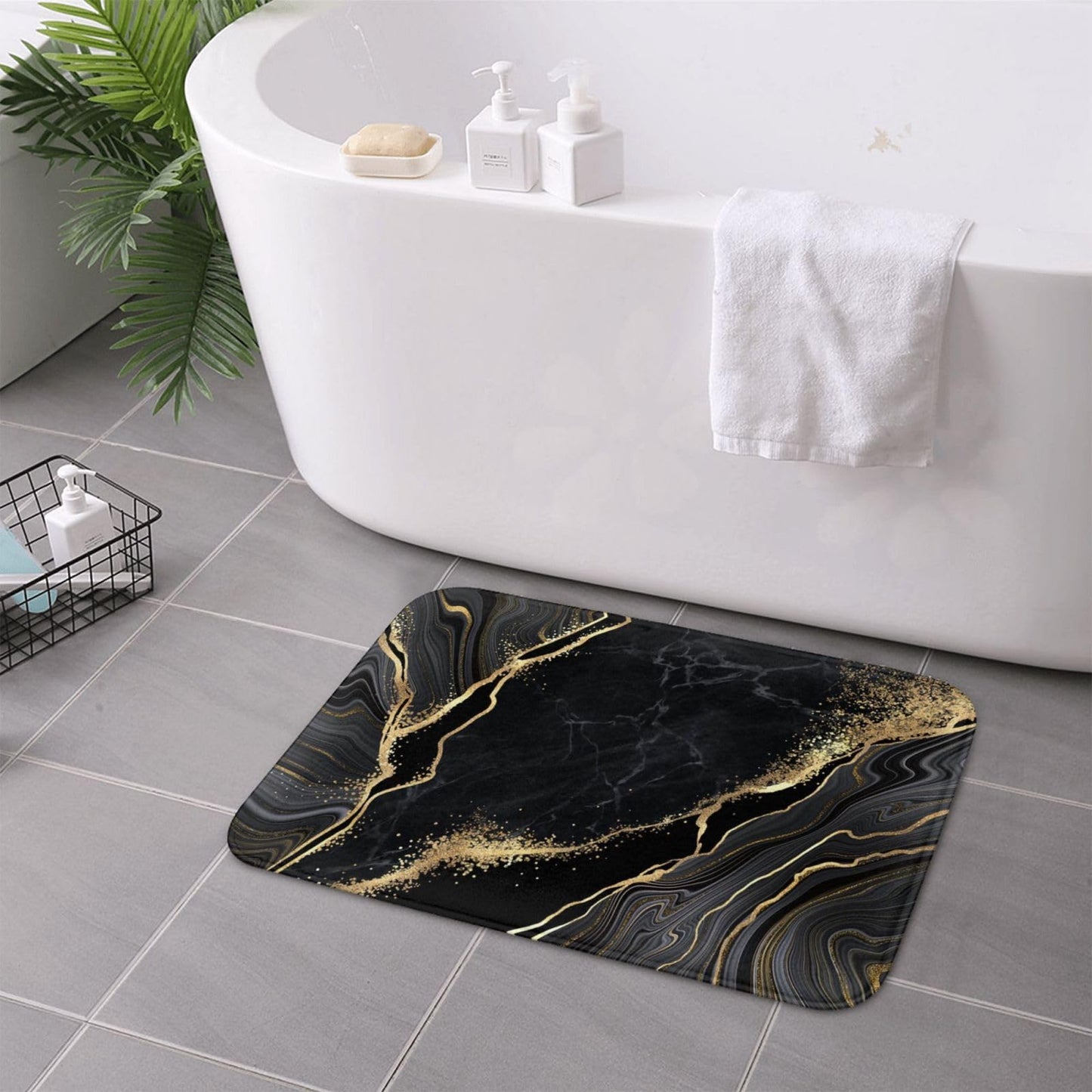 Black and Gold Marble Bath Mats for Bathroom, Soft Absorbent Bath Rug Non-Slip Floor Rug Carpets for Kitchen Bathroom Laundry Bedroom Living Room Decoration