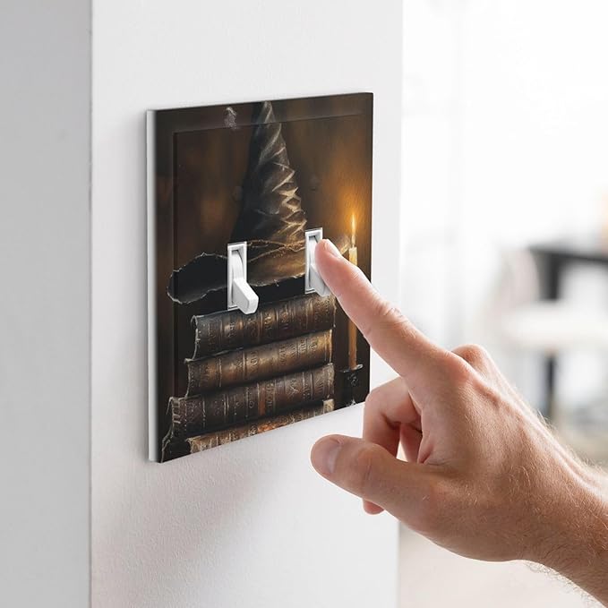 Decorative Art Light Switch Covers Wizard’s Hat & Spellbooks 2 Gang Double Toggle Wall Plate Decorative Switchcover Electrical Switchplate for Home Decor