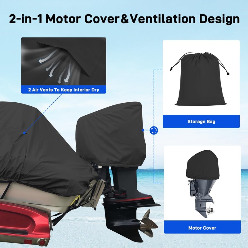 Mionovity Bass Boat Covers 17-19ft, 600D Heavy Duty Waterproof Boat Cover 17 18 19 Foot (17'-19' with Motor Cover), Fits V-Hull, Fishing, Runabout Bowrider Boat
