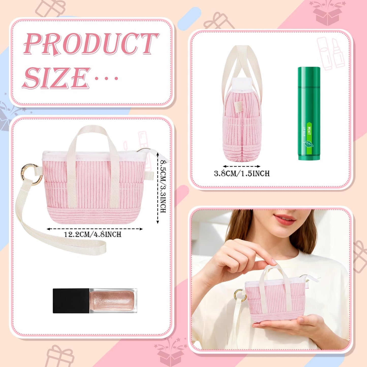 Playexen Mini Backpack Keychain for Women, Portable Cute Small Makeup Pouch with Wristlet, Mini Tote Bag Keychain for Crossbag, Handbag, Backpack, Gifts for Birthday/Party/Christmas (Corduroy-Pink)