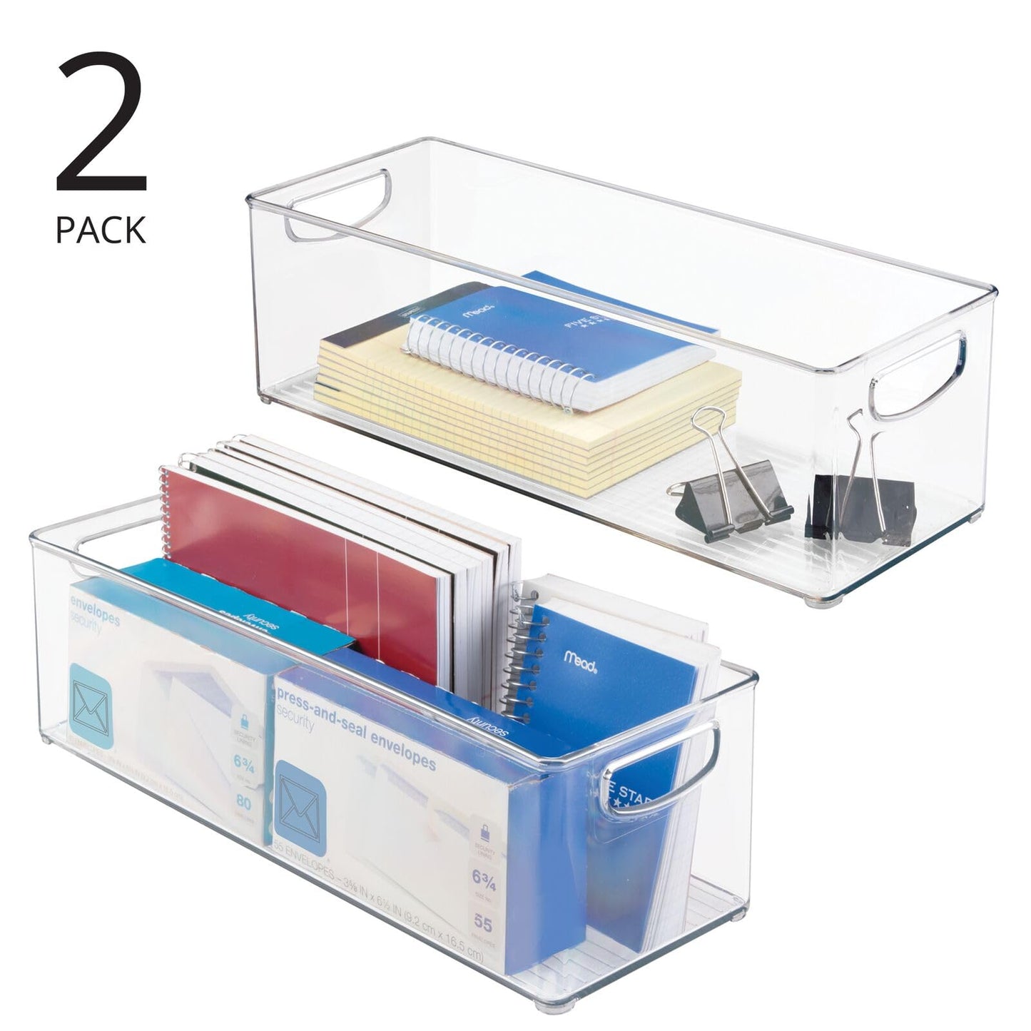 mDesign Plastic Office Supply Organizer - Storage Holder Bin with Handles for Desk Drawer, Cabinet - Pencil, Pen, Envelope and Supplies Container Basket - Ligne Collection - 2 Pack - Clear
